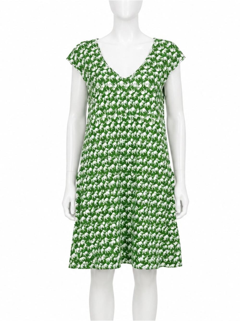 New York & Company Elephant Print Dress Green White XL Cap Sleeve Pockets